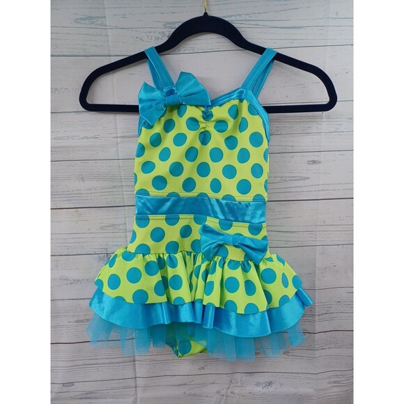 Weissman Dance Child IC Costume Leotard Dress Polkodot Blue Bow - Picture 2 of 9